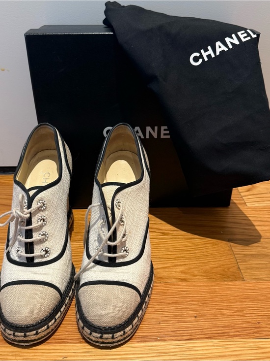 CHANEL Shoes - CHANEL Cream Black Linen Lace-Up Espadrille Wedge Shoes Size 41